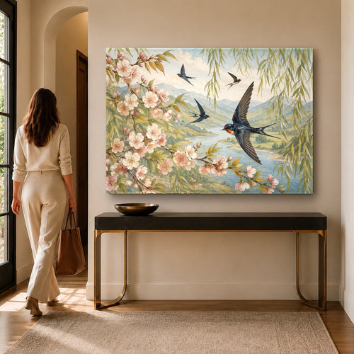 Flying birds glass wall art hanging above a modern living room sofa