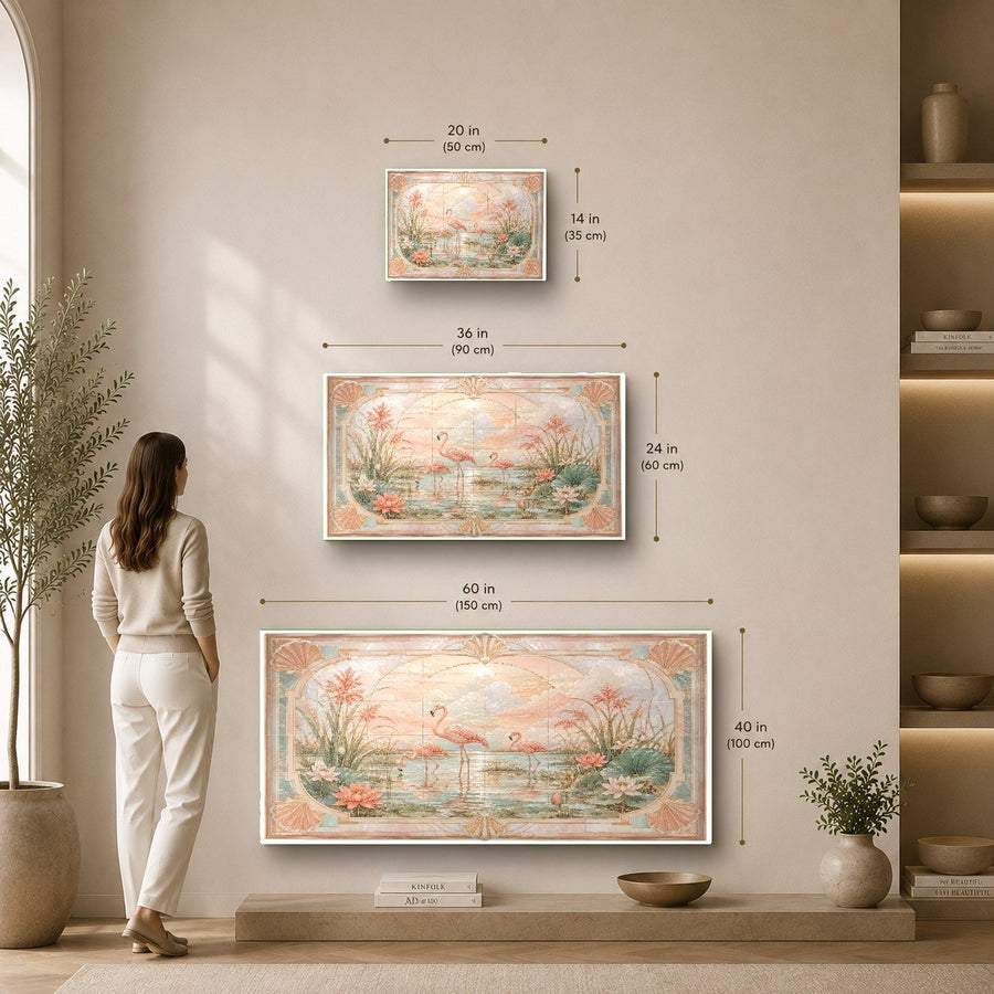 Colorful pink flamingos glass wall hanging positioned in a tropical spa lounge