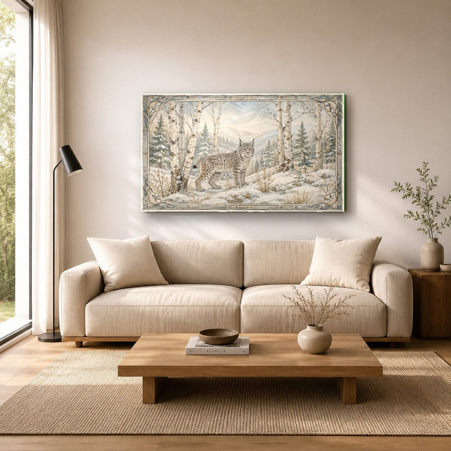 Cozy cabin living area featuring a vibrant tempered glass wildlife print