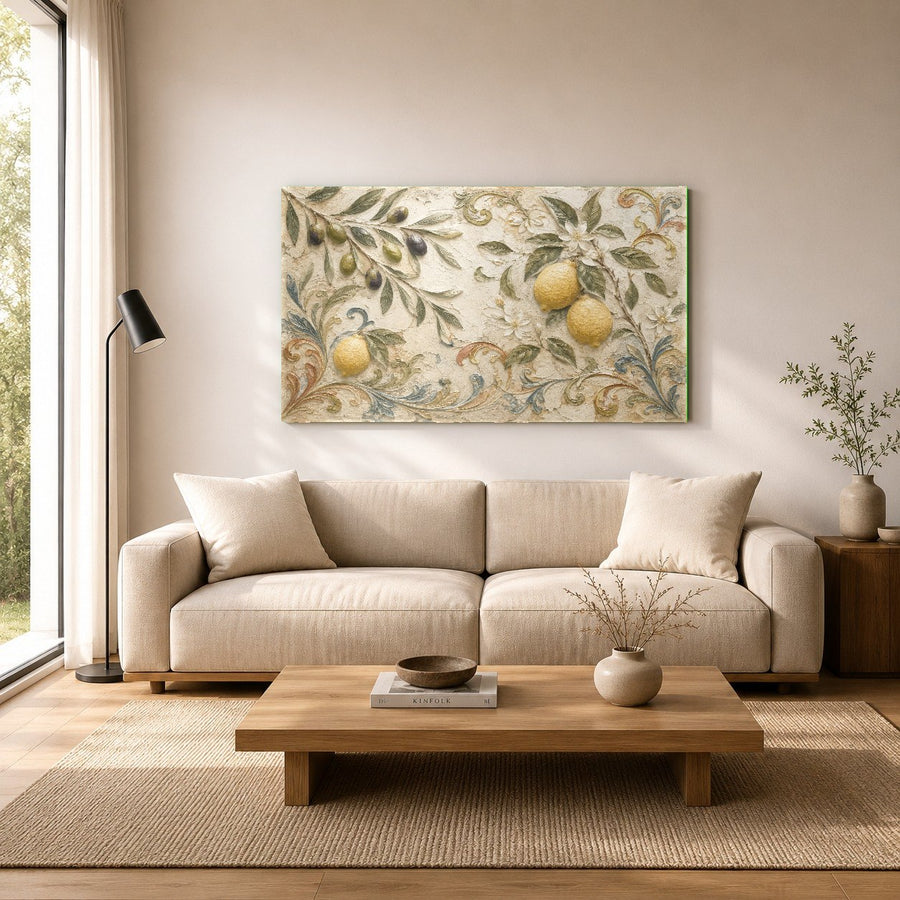 Luxurious hotel suite bedroom decorated with a large lemon and olive botanical glass wall art piece.