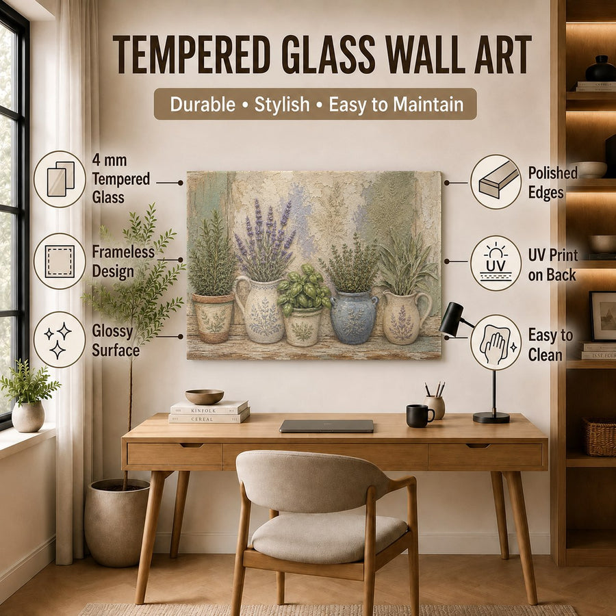 Tempered glass botanical artwork styled in a luxury hotel hallway
