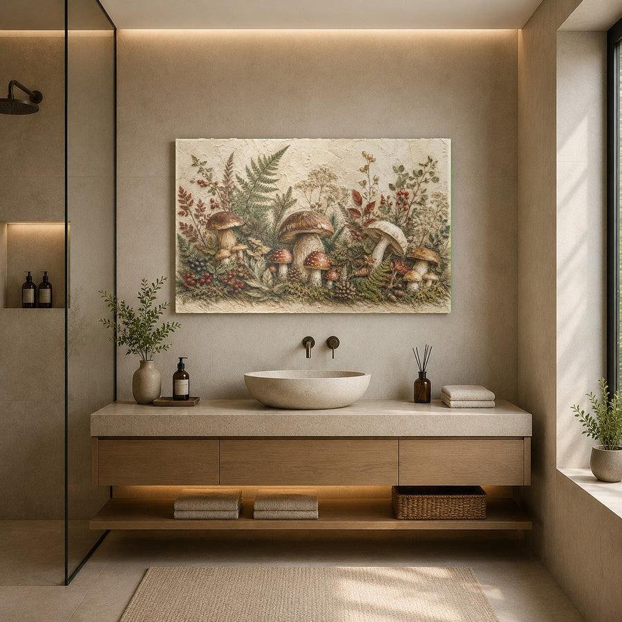 Detailed shot of woodland mushroom glass wall decor with floating metal frame
