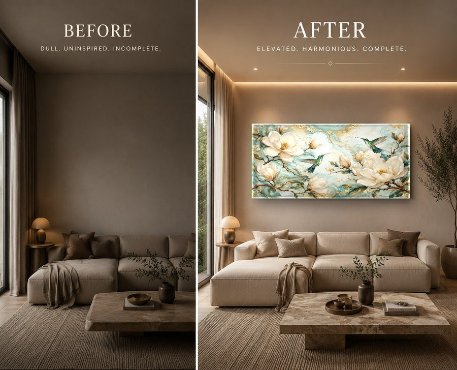 Elegant hummingbird glass wall decor mounted on a dark accent wall in a luxury home office.
