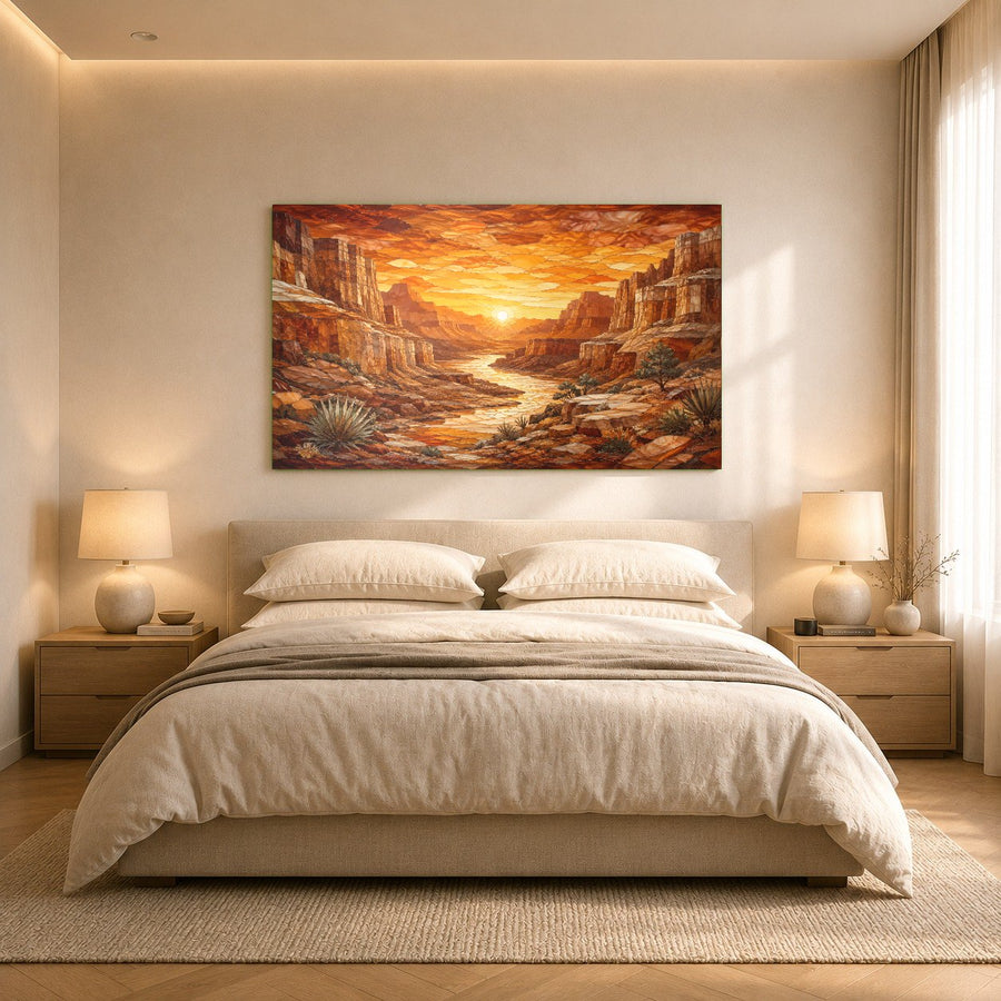 Modern hallway displaying a vibrant canyon sunset glass print, viewed from an angle to highlight the float frame.