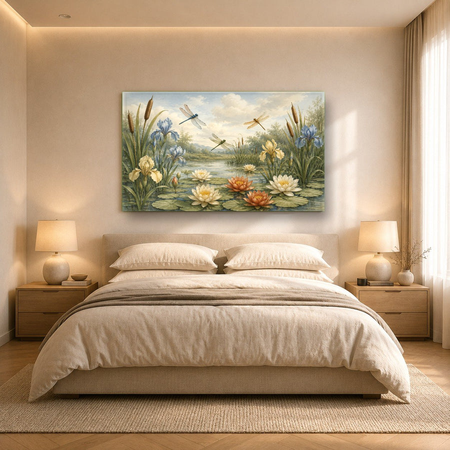 Elegant dragonfly wall hanging displayed above a modern wooden console table