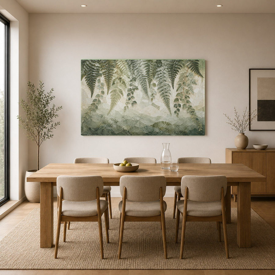 Close-up of a high-gloss Aurora Forest glass print reflecting soft natural light in a bright home office.