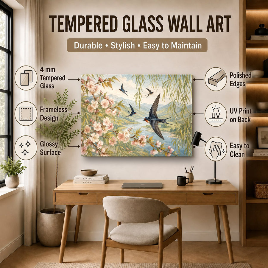 Close-up angle of flying birds glass wall art showing high gloss finish
