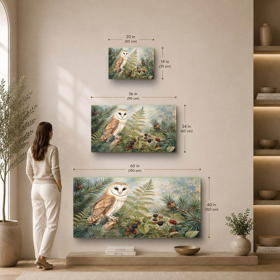 Owl Forest Glass Wall Art hanging above a wooden accent console table in a modern dining room