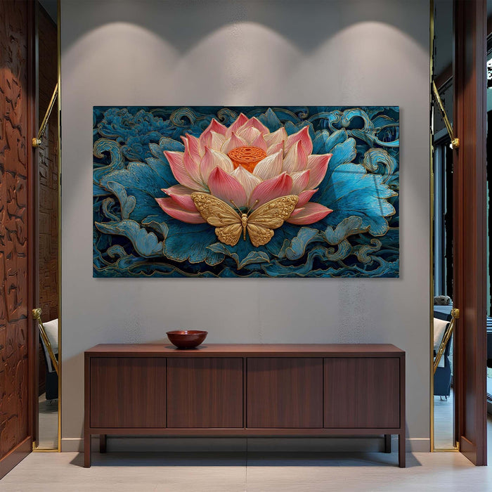 Lotus Butterfly Tempered Glass Wall Art | Asian Inspired Décor