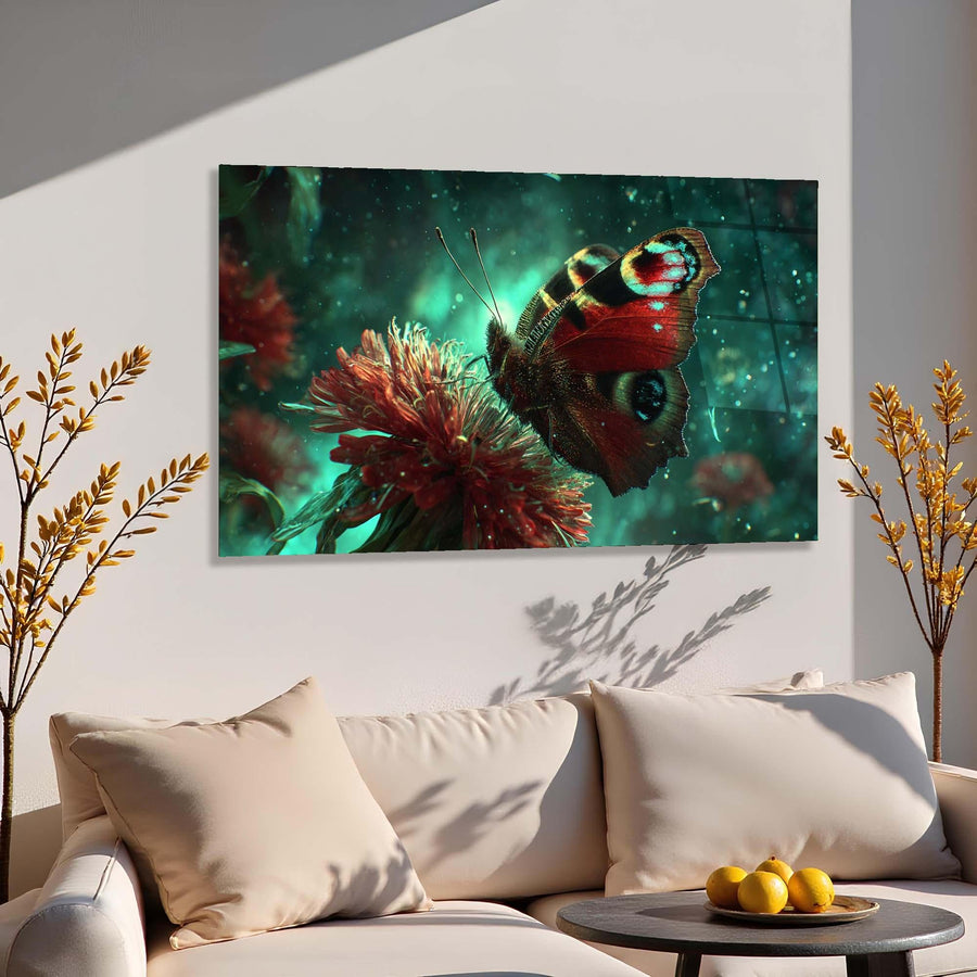 Butterfly on a flower painting above a beige sofa with decorative pillows.