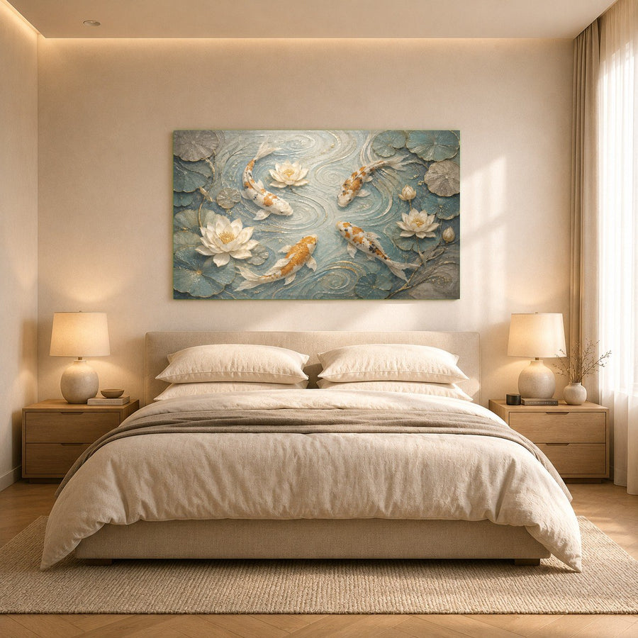 A stylish dining room featuring the Zen-inspired Koi Lotus tempered glass artwork on a dark accent wall.
