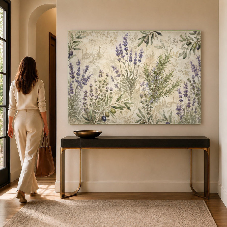 Cozy bedroom with botanical tempered glass print mounted on a minimalist accent wall above a wooden headboard.