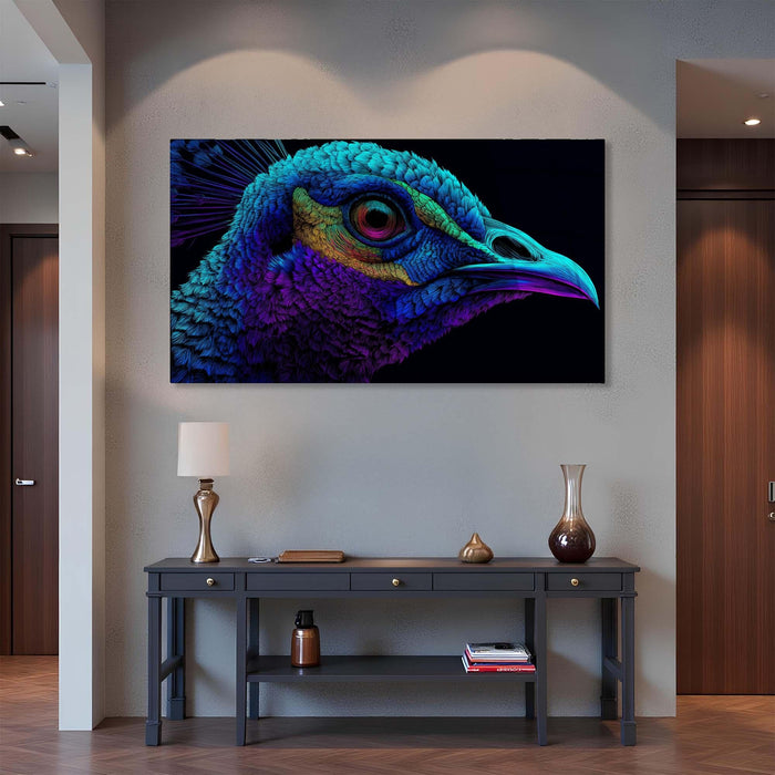Neon Peacock Portrait Tempered Glass Wall Art | Custom Large Glass Wall Decor for Living Room