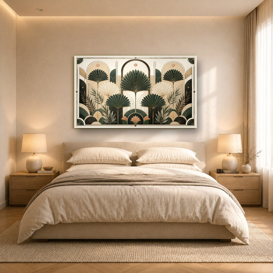 Contemporary green abstract glass art displayed above a modern fireplace mantel