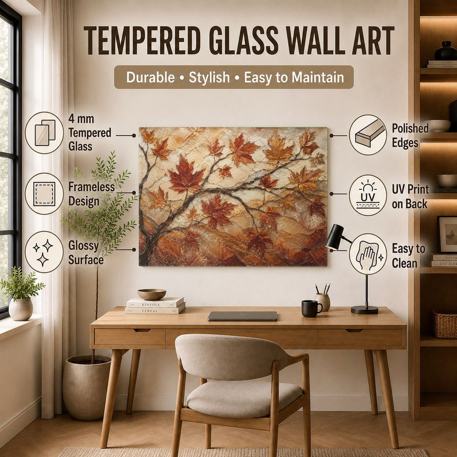Elegant tempered glass wall decor featuring red and gold maple leaves in a luxury hotel lobby setting.