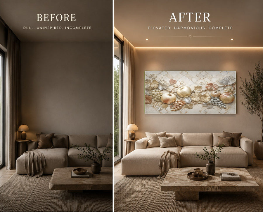Frameless glass art featuring sun-drenched grapes hanging above a fireplace mantel in a cozy rustic living room.