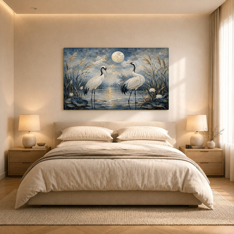 A cozy reading nook featuring the mystical crane glass art piece paired with minimalist Japanese-inspired decor.