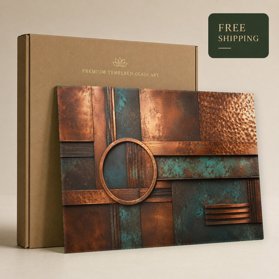 Ambient lit room showcasing the shimmering metallic tones of the Patina Luxury glass wall hanging