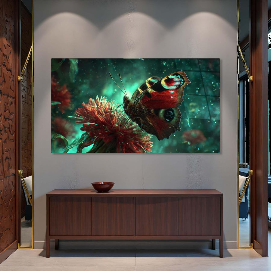 Framed artwork of a butterfly on a flower above a wooden cabinet.