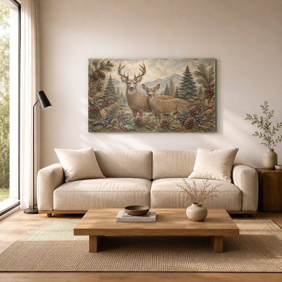 Close-up angle shot of deer family tempered glass print showing high gloss finish