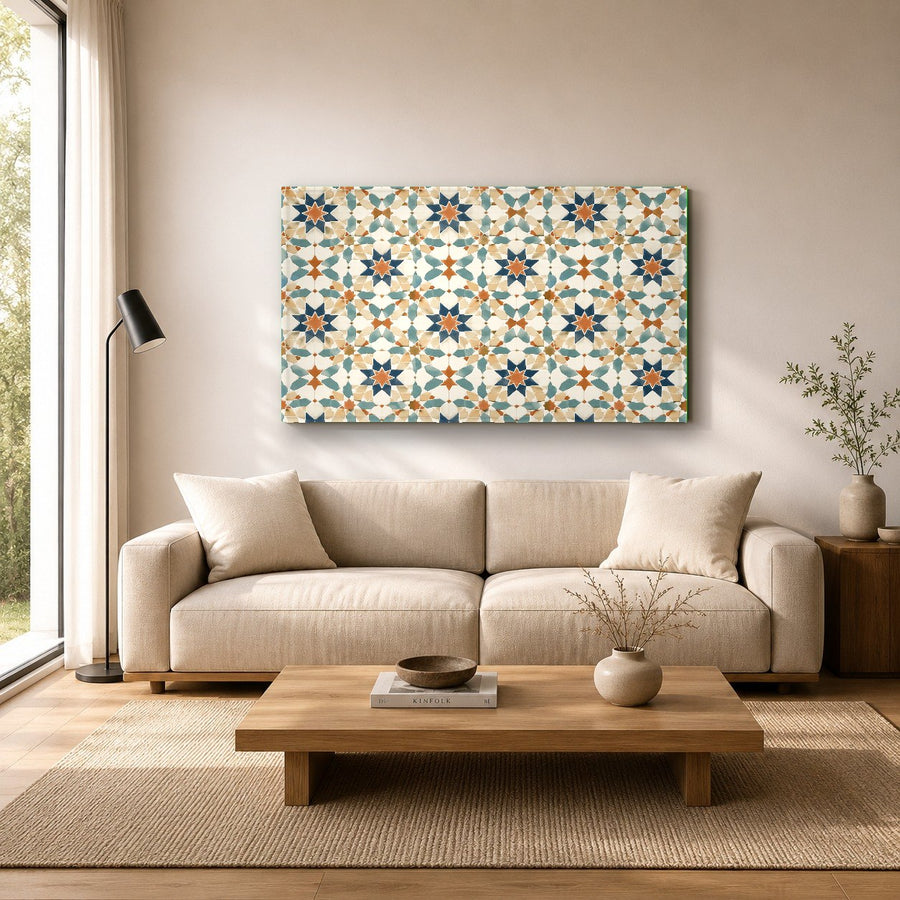 Modern abstract wall decor mounted in a contemporary hallway with warm accent lighting