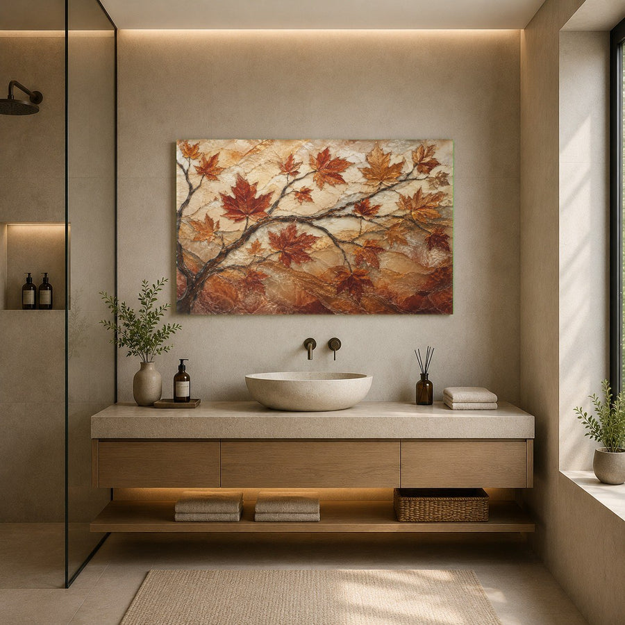 Warm-toned seasonal maple leaf glass artwork styled in a rustic cabin living room with forest views.