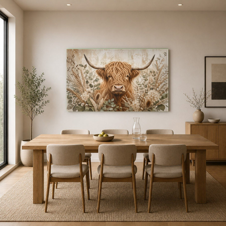 Frameless glass wall art of a highland cow in a bright, open-concept kitchen dining space.
