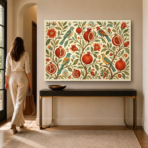 Fresh Fruit Glass Wall Art hanging above a modern kitchen island with pendant lights