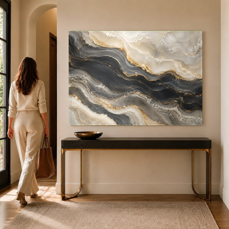 Abstract Golden Onyx tempered glass print displayed in a chic contemporary bedroom