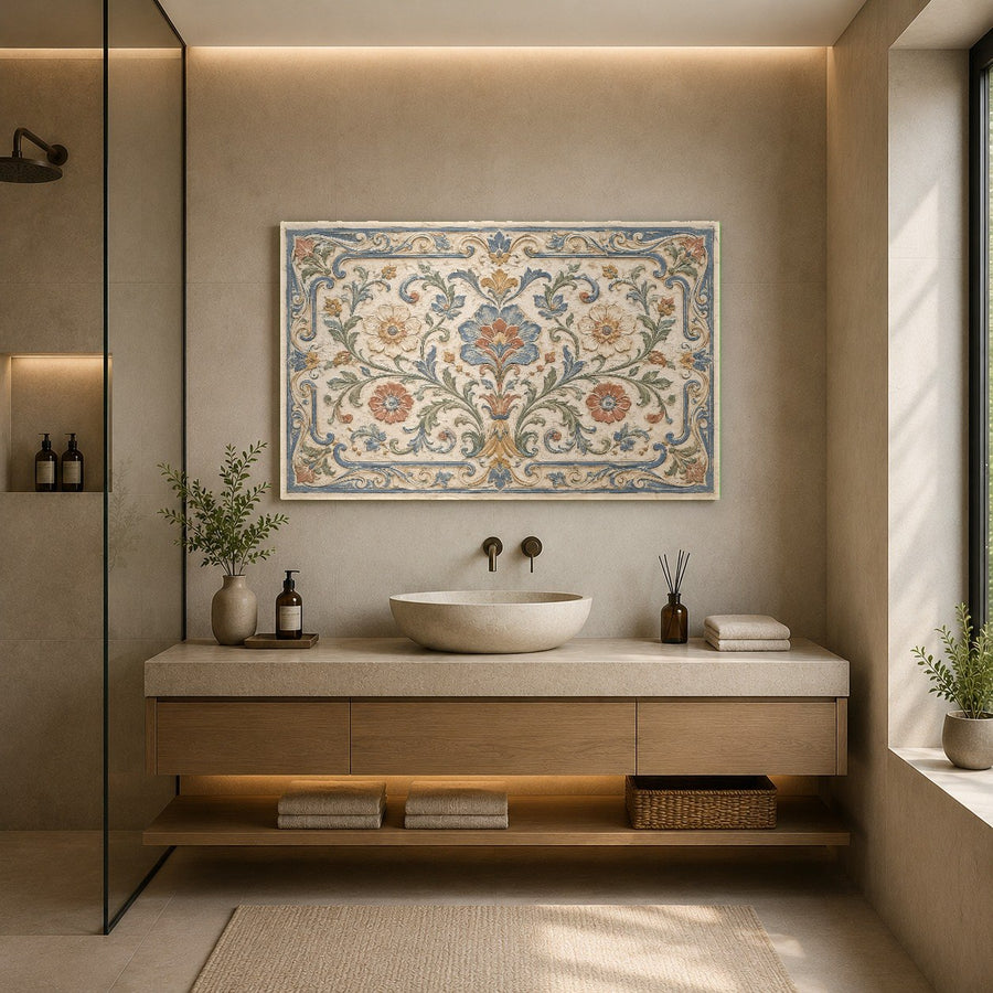 Luxury mosaic glass art showcased in an upscale office conference room