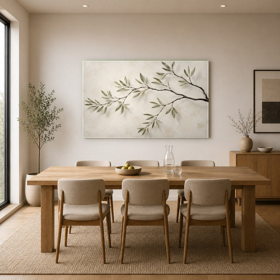 Vibrant green leaves printed on tempered glass hung in a wellness center waiting room for a calming atmosphere.