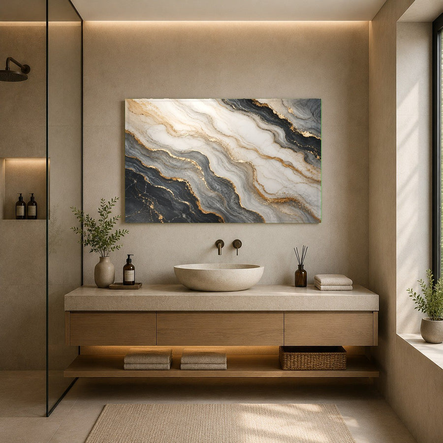 A chic master bathroom featuring the moisture-resistant Marble Flow tempered glass artwork near a freestanding tub.
