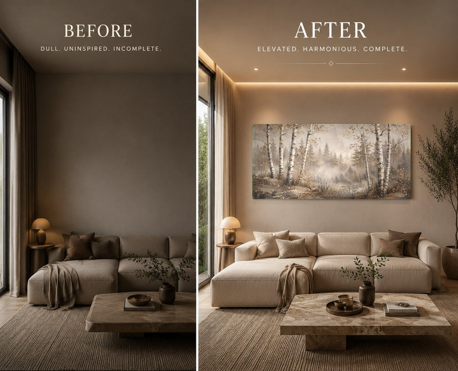 Large nature glass wall art displayed in a sophisticated corporate office lounge