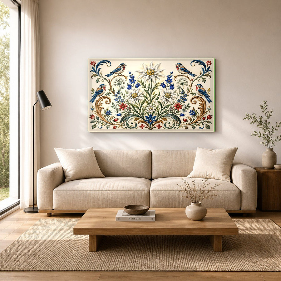 Coral Garden coastal glass art mounted on a soft blue wall in a beach house bedroom