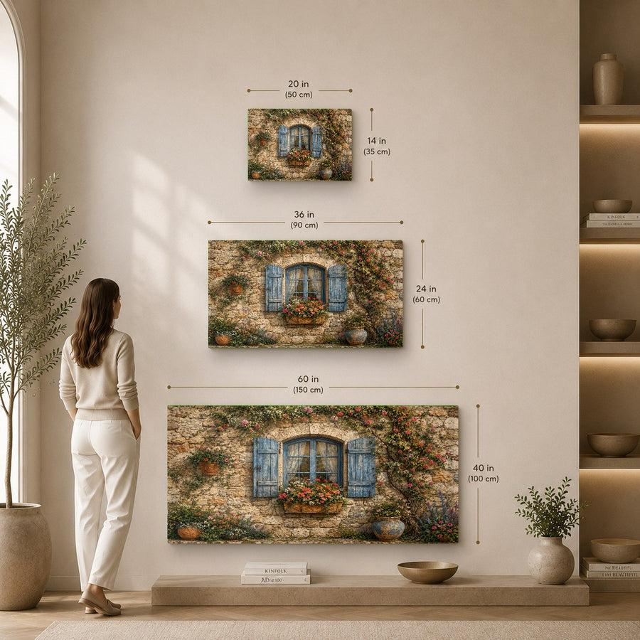 Oversized rustic window glass print displayed on a stone fireplace mantle in a mountain cabin lounge.