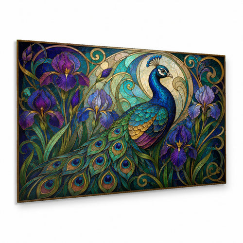 Iris Peacock Glass Wall Art hanging above a modern velvet sofa in a luxury living room
