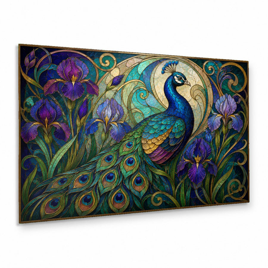 Iris Peacock Glass Wall Art hanging above a modern velvet sofa in a luxury living room