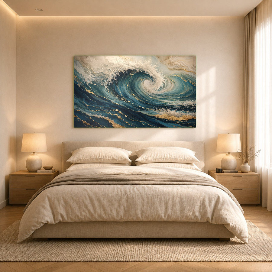 Side profile of the ocean waves tempered glass print showcasing its frameless high-gloss edge in a home office.