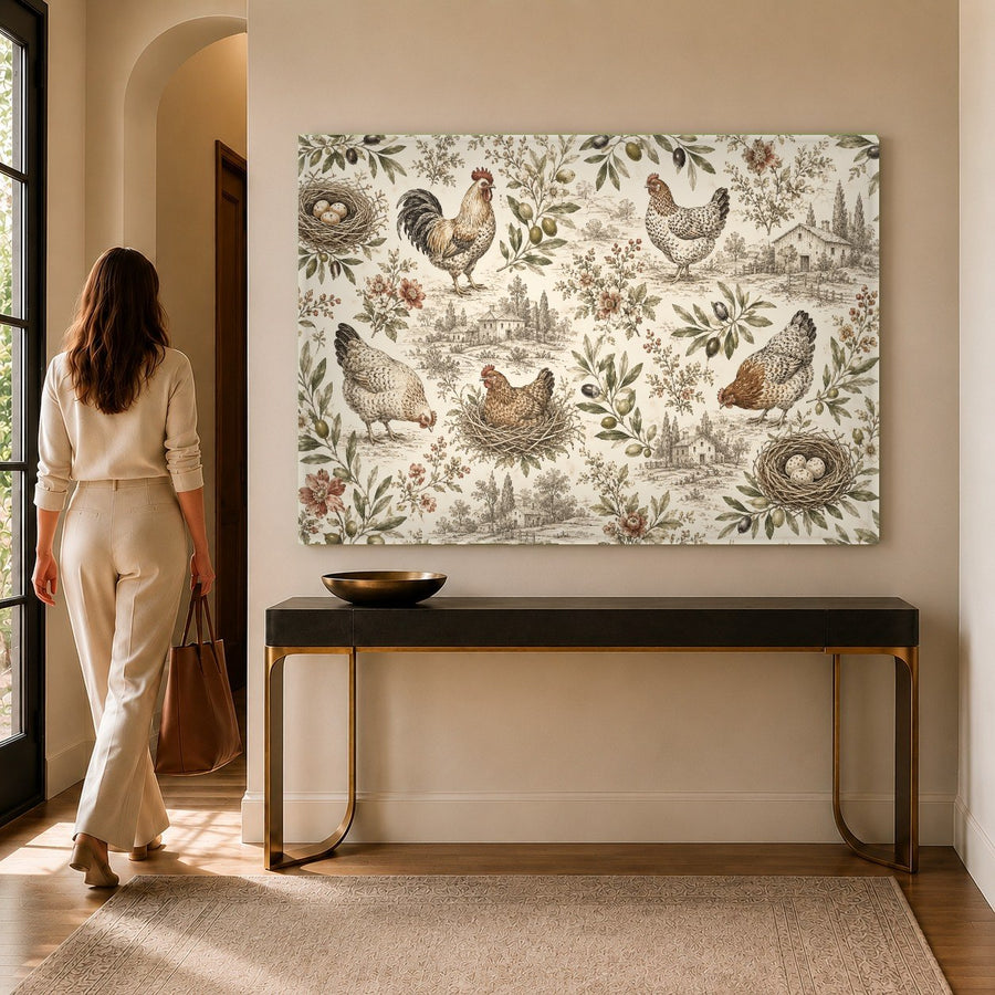 Vibrant colorful rooster tempered glass print in a rustic farmhouse dining room setting.