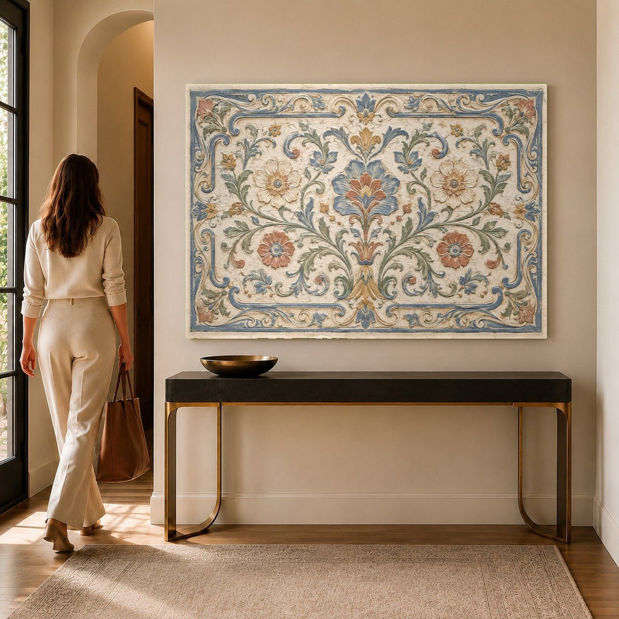 Geometric mosaic glass print displayed in a luxury minimalist kitchen