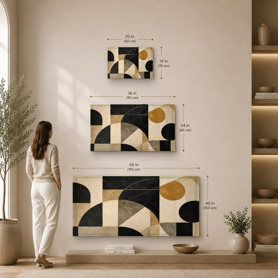 Geometric shapes glass print adding a pop of color in a serene spa waiting room, side perspective.