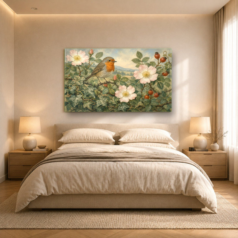 Angle view of the aluminum float frame on a bird and flower tempered glass wall print