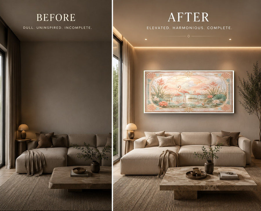 Exotic pink flamingos tempered glass art displayed in a stylish home office interior