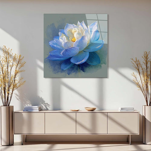 Canvas print of a blue and white lotus flower on a gray background
