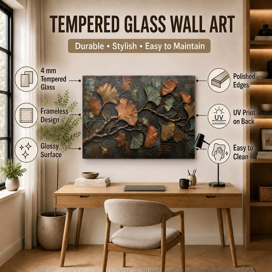 Ginkgo Metal Glass Wall Art displayed above a chic velvet headboard in a master bedroom