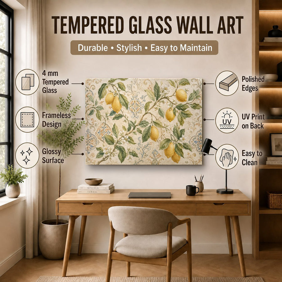 High-gloss lemon art print on glass hanging in a bright, airy office reception area.