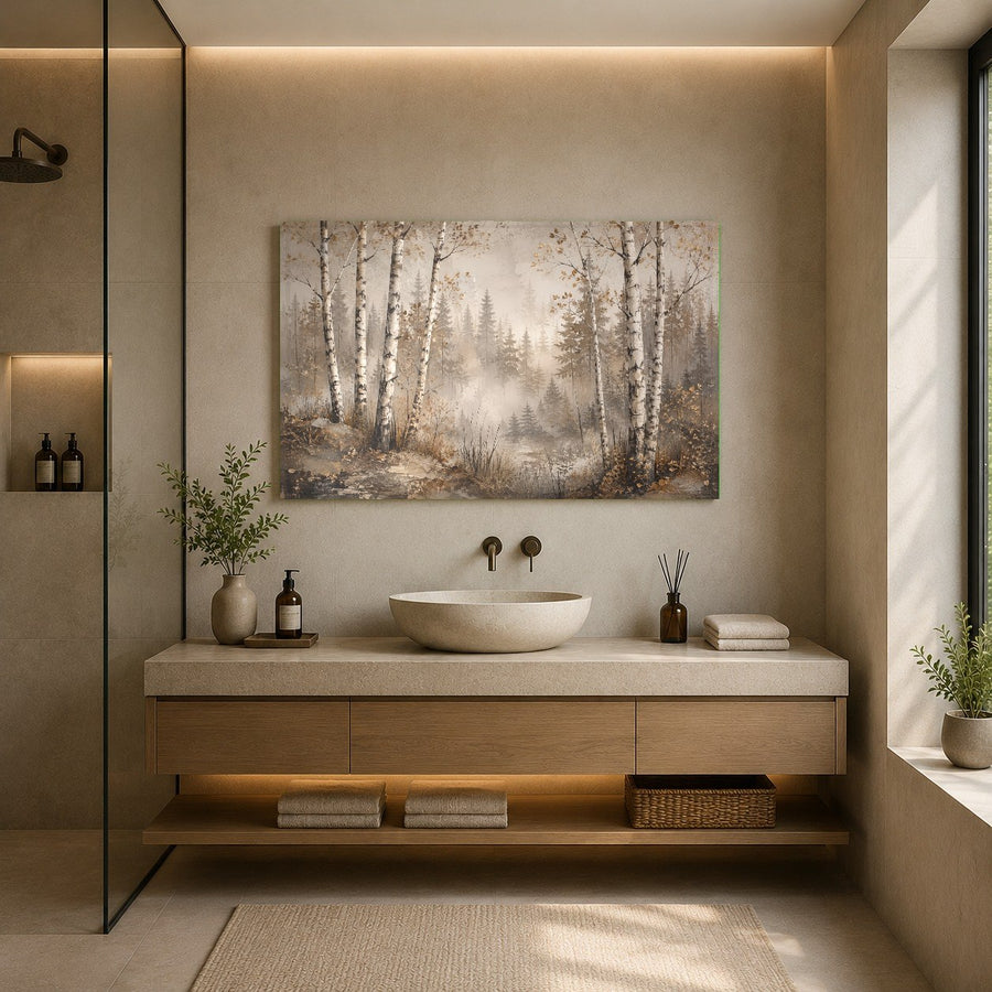 Minimalist glass wall art featured in a calm, modern entryway decor setting