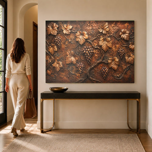 Bronze Vineyard Glass Wall Art hanging above a rustic wooden dining table in a warm, lit dining room.