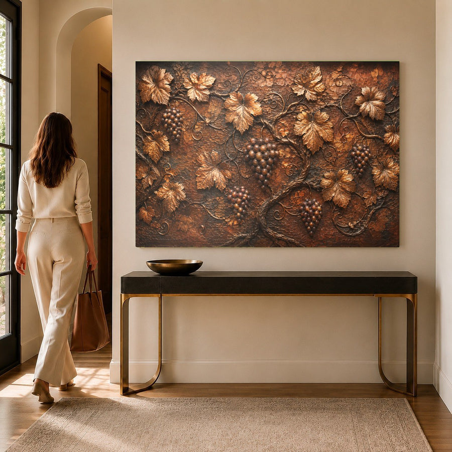 Side angle view of Bronze Vineyard Tempered Glass Print in a modern kitchen with marble countertops.