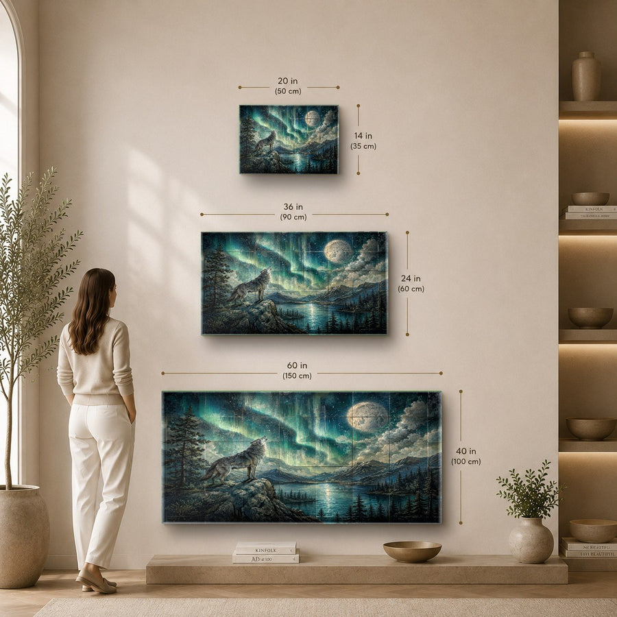 Aurora Wolf Glass Wall Art viewed from an angle showcasing the aluminum frame